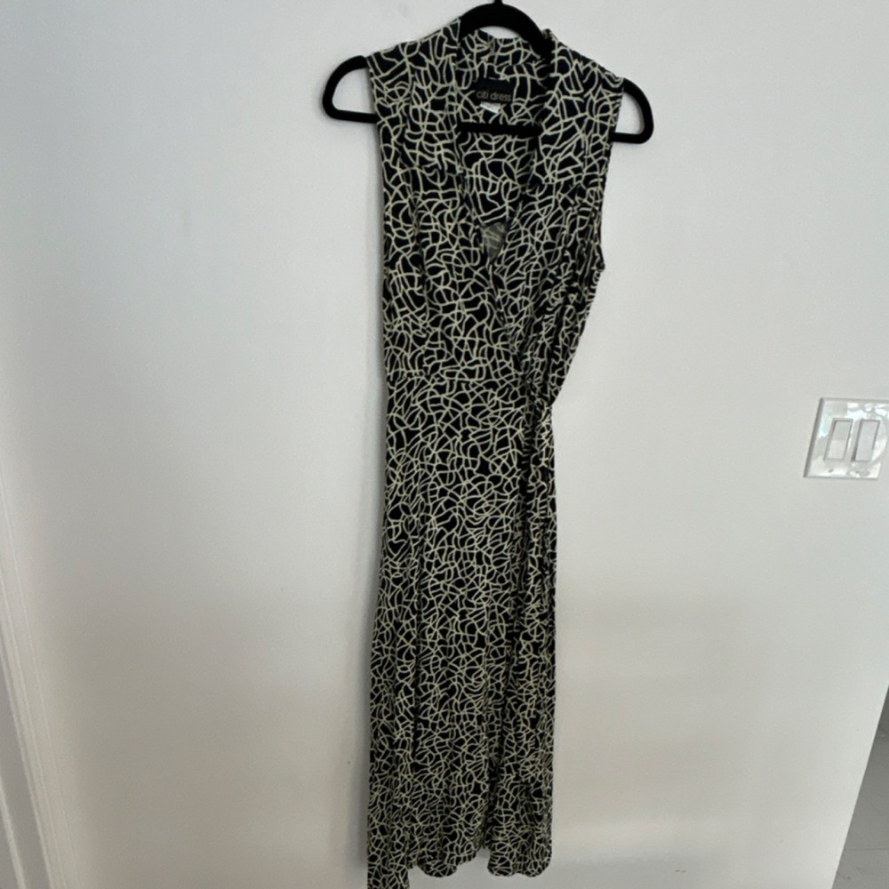 Citi Dress Geometric Wrap Sleeveless V-Neck Long Dress‎ Black White Rayon Size 8